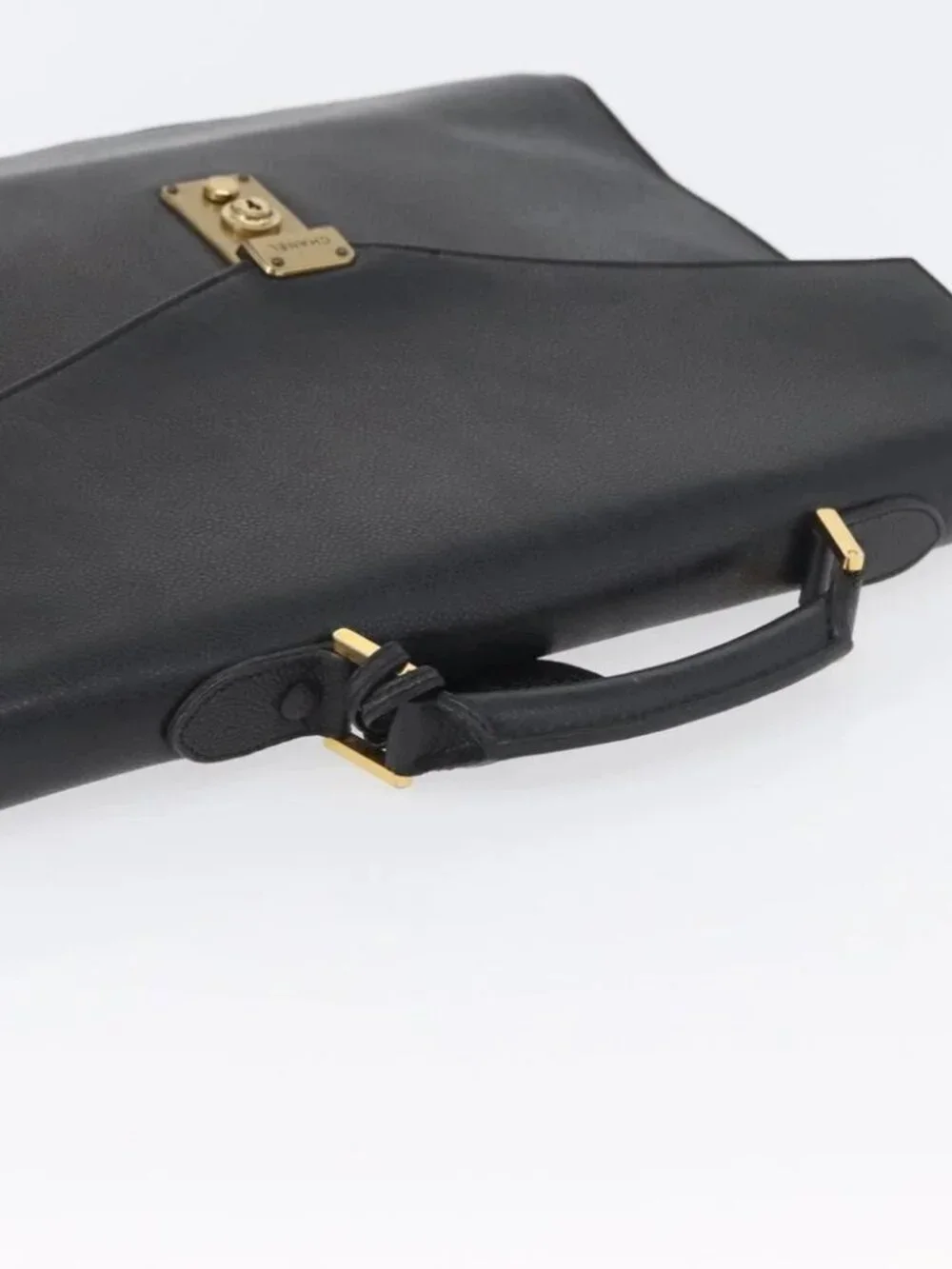 CHANEL Business Bag Grained Calf Skin Black Gold CC Auth ka2603